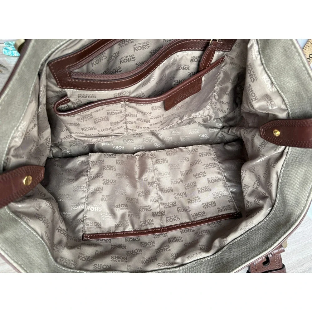 Vintage Michael Kors Canvas Leather Harness Tote Bag Beige Brown Boho Equestrian - Picture 7 of 12
